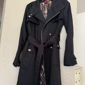 Excellent Trendy Trench Coat Belt Cotton Small 4 Above Knee Animal Print Lining